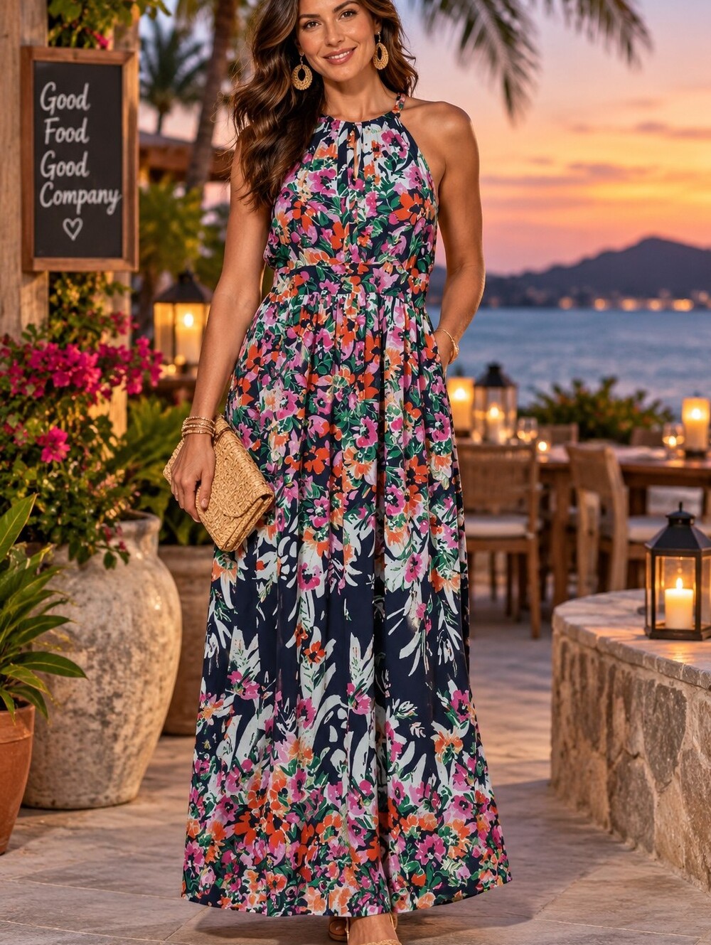 Eliza J Maxi Dress Halter Chiffon Navy Pink Floral Cocktails Evening Out Resort
